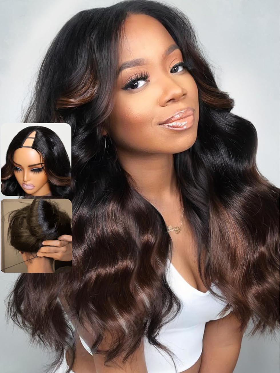 UNICE EasiContour V Part Wigs Human Hair Body Wave Upgrade Glueless U Part Human Hair Wig Chestnut Brown Ombre No Leave Out No Gel Beginner Friendly Clip in Vpart Wig 150% Density 16 Inch