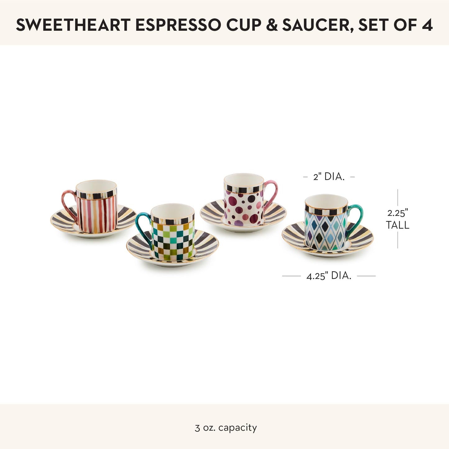 MACKENZIE-CHILDS Sweetheart Espresso Cup and Saucer Set, Cute Porcelain Espresso Cups and Saucers for Coffee, Set of 4