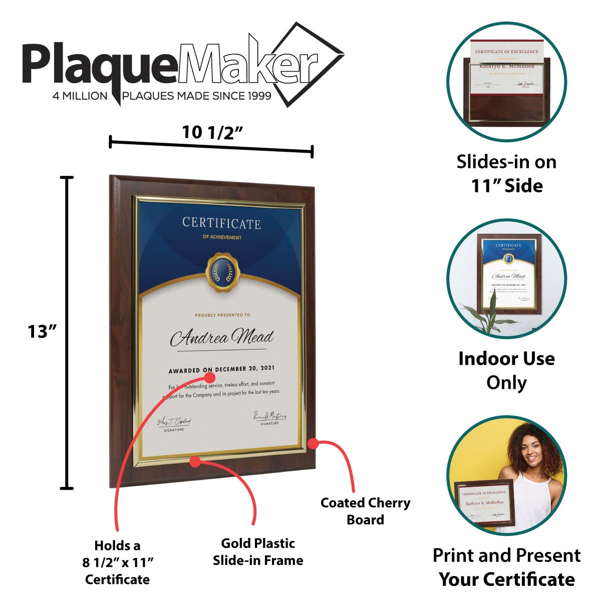 10.5 x 13" Certificate Display Plaque - Offered in Coated Cherry Wood with an 8.5 x 11" Gold Frame - Slide in your Diploma, Award Certificate, Award of Achievement, Class Photo, and More
