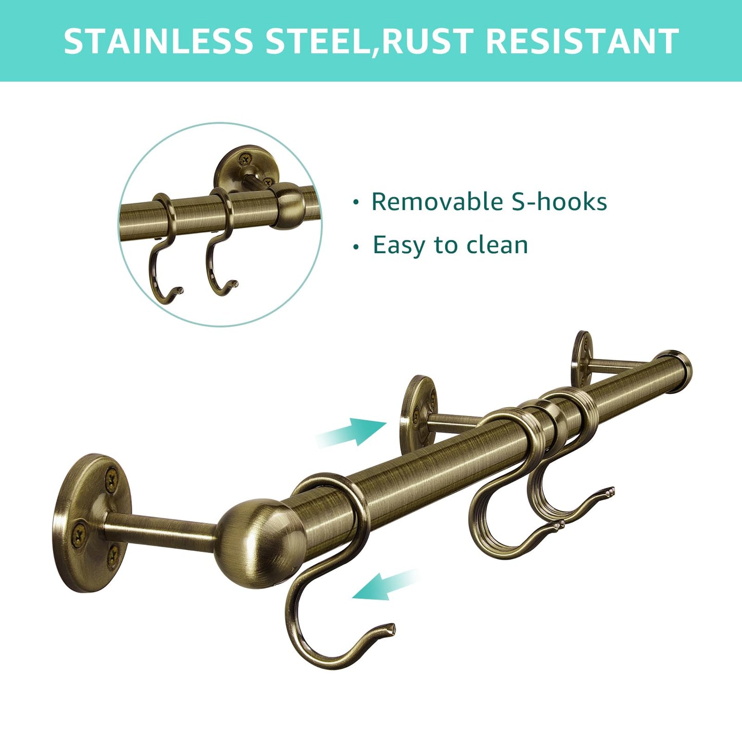 ROTHLEY Stainless Steel Hanging Pot Rack Hanger: 23.7 Inch Pot and Pan Hanger Wall Mounted Hanging Pot Bar Rack Heavy Duty Pot Hangers Kitchen Rail with 8 S Hooks (Antique Brass)