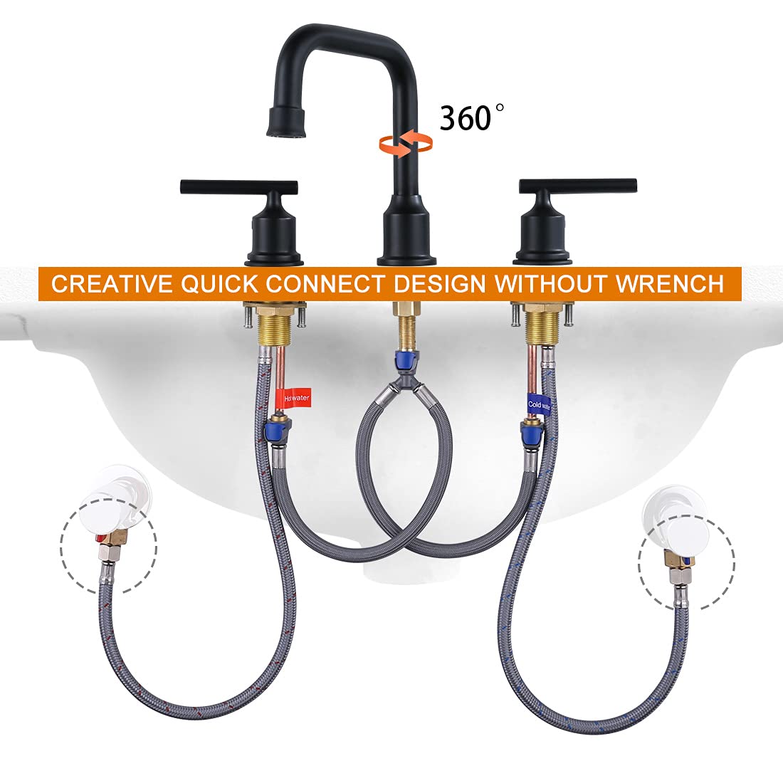WOWOW Two Handles Widespread 8 inch Bathroom Faucet Black 3 Pieces Basin Faucets 360 Degree Swivel Spout Lavatory Sink Faucet