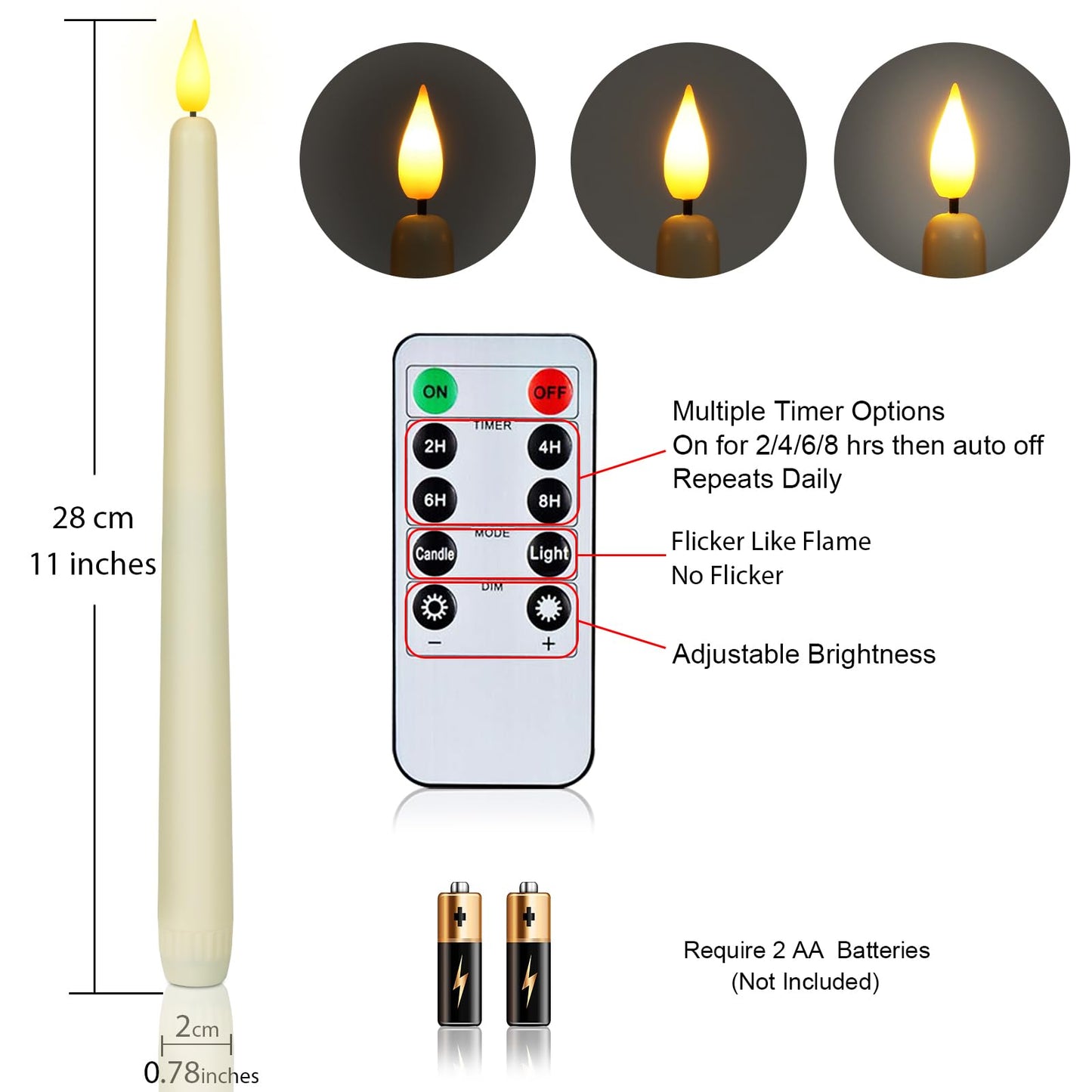 Homemory 24 Pcs Flameless Taper Candles with Remote Timer Dimmer, 11 inches Ivory Candlesticks Battery Operated, Plastic LED Taper Candles with Flickering Flame for Halloween Christmas Church Wedding