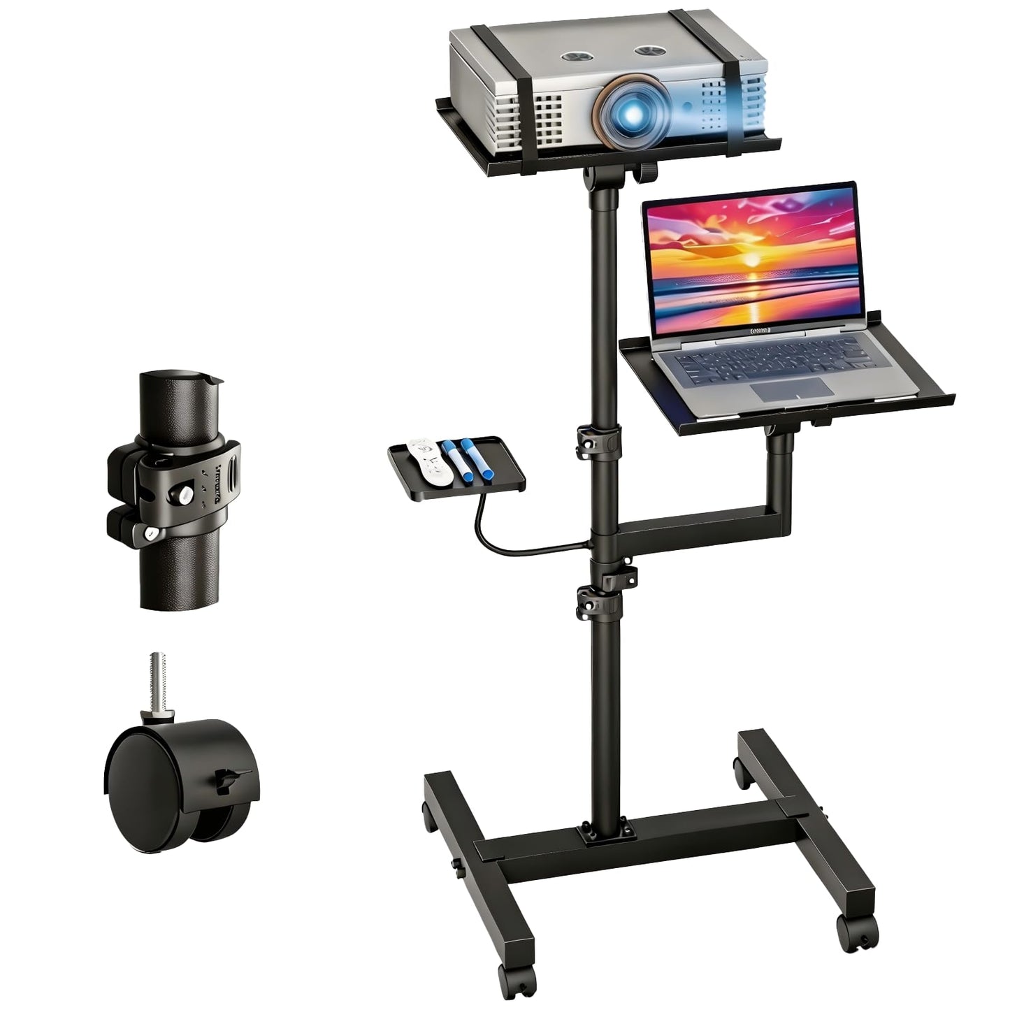 ORWOD Projector and Laptop Stand Tripod, 2 Shelves Mobile Laptop Tripod Stand, Max 47" Height Adjustable Laptop Cart on Wheels, Projector Floor Stand with Ventilated Tray for Podium, Meeting, Couch