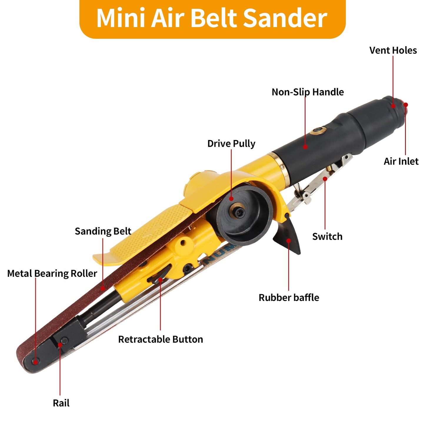 NuoDunco 3/4" x 20-1/2" Pneumatic Sander Air Belt Sander Set With 12Pcs Belts,40/60/80/120Grit,1/4" Air Inlet Mini Air Belt Grinder Air Tool For Aluminium, Iron, Steel Metal