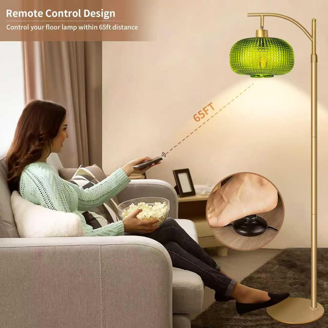 Duoled Modern Floor Lamp for Living Room, Mid Century Tall Standing Lamp Green Glass Lamp Shade, Dimmable Gold Tall Pole Lamp for Bedroom Office with Remote, 1 x 12W LED Edison Bulbs Included