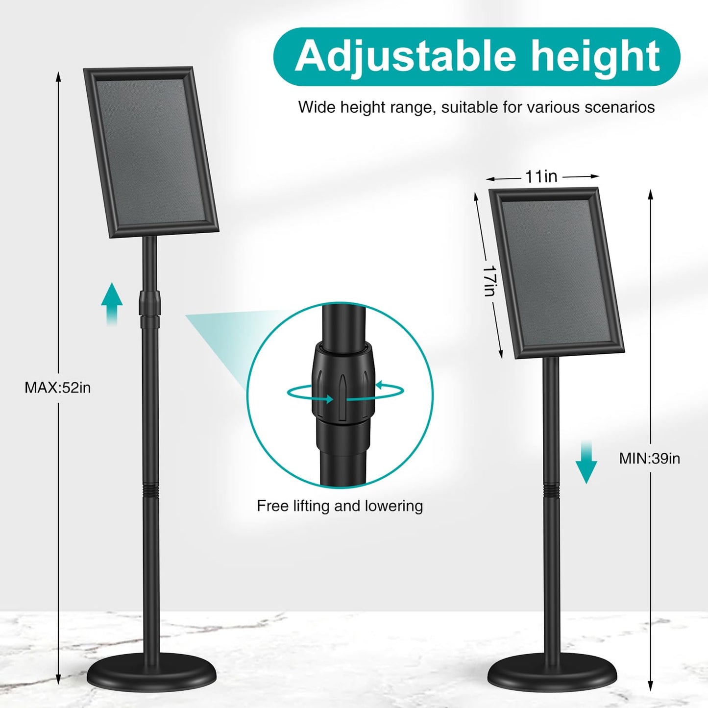 Hemndic Sign Stand 11x17 inch, Adjustable Floor Standing Sign Holder, 360° Rotation Sign Holder Stand with Snap-Open Frame, Outdoor Indoor Pedestal Sign Holder Display