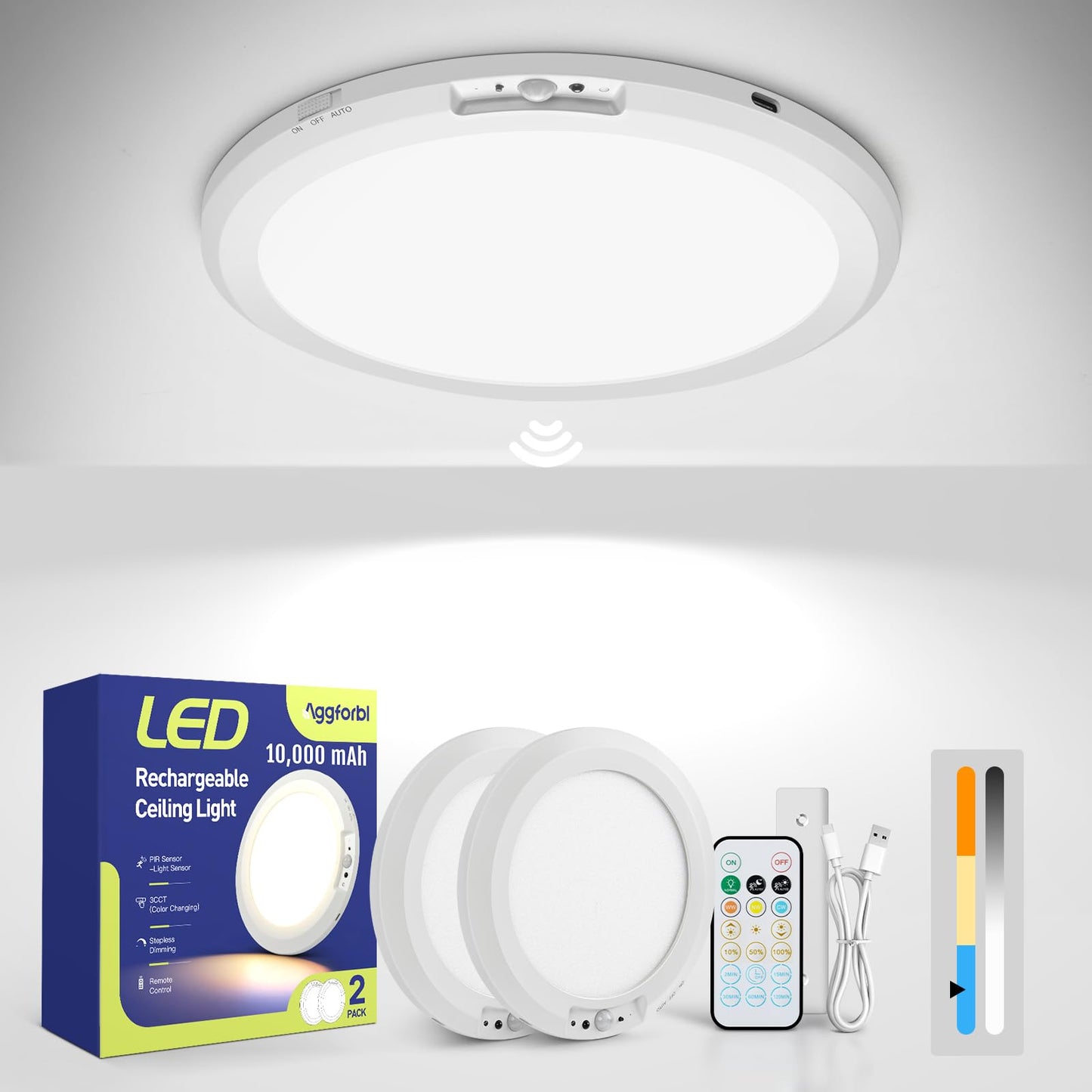 Aggforbl 2PCs 10,000mAh Rechargeable Ceiling Light with Remote, Wireless Waterproof Shower Lights 3000K/4000K/6000K, Battery Powered Light for Closet Battery Operated, Motion Sensor Lights No Wiring