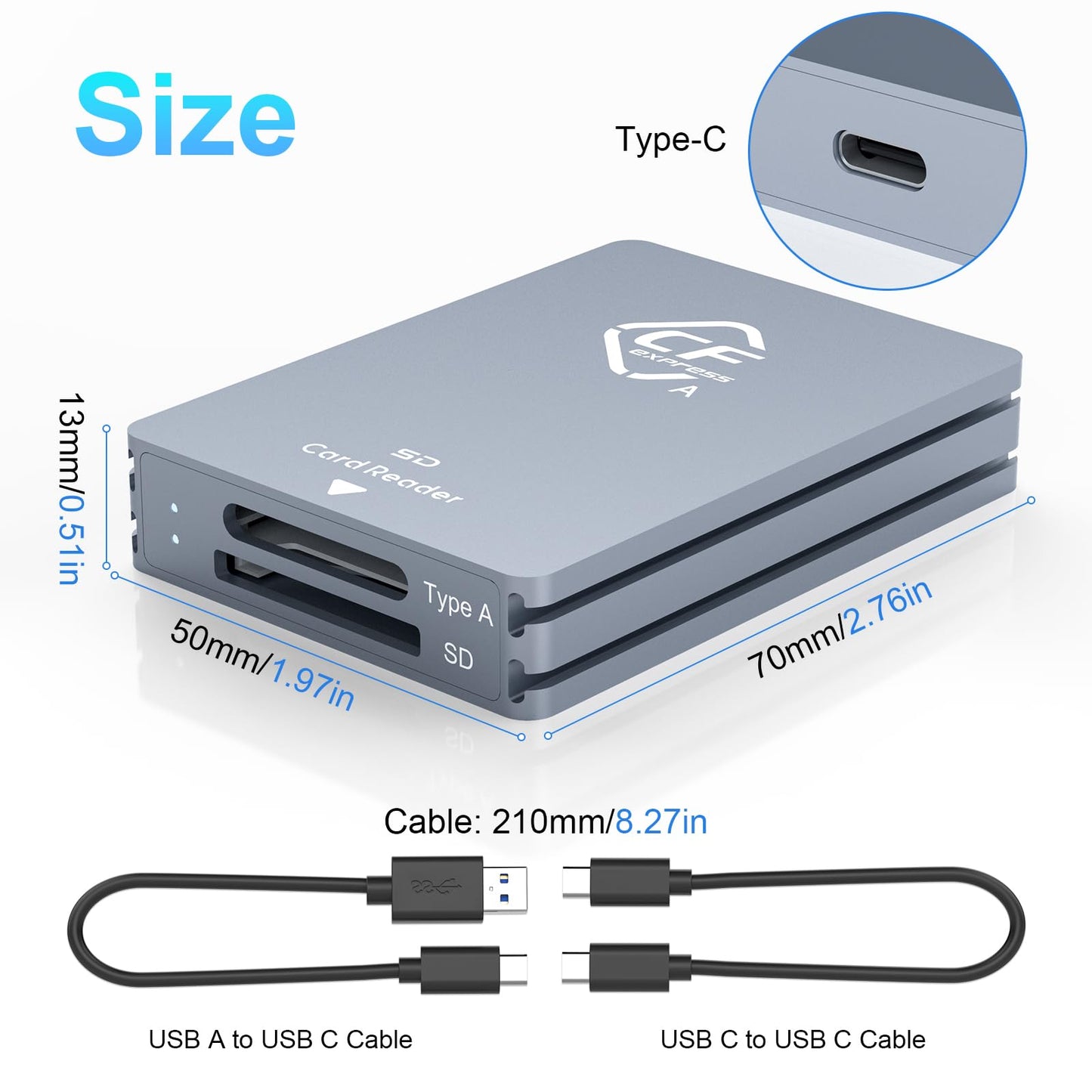 CFexpress Type A and SD Dual-Slot Memory Card Reader, 10Gbps USB 3.2 Gen 2 Type A CFexpress Adapter Memory Card Reader with USB C to USB C/USB A Cable,Compatible with Windows/Mac/Linux/Android