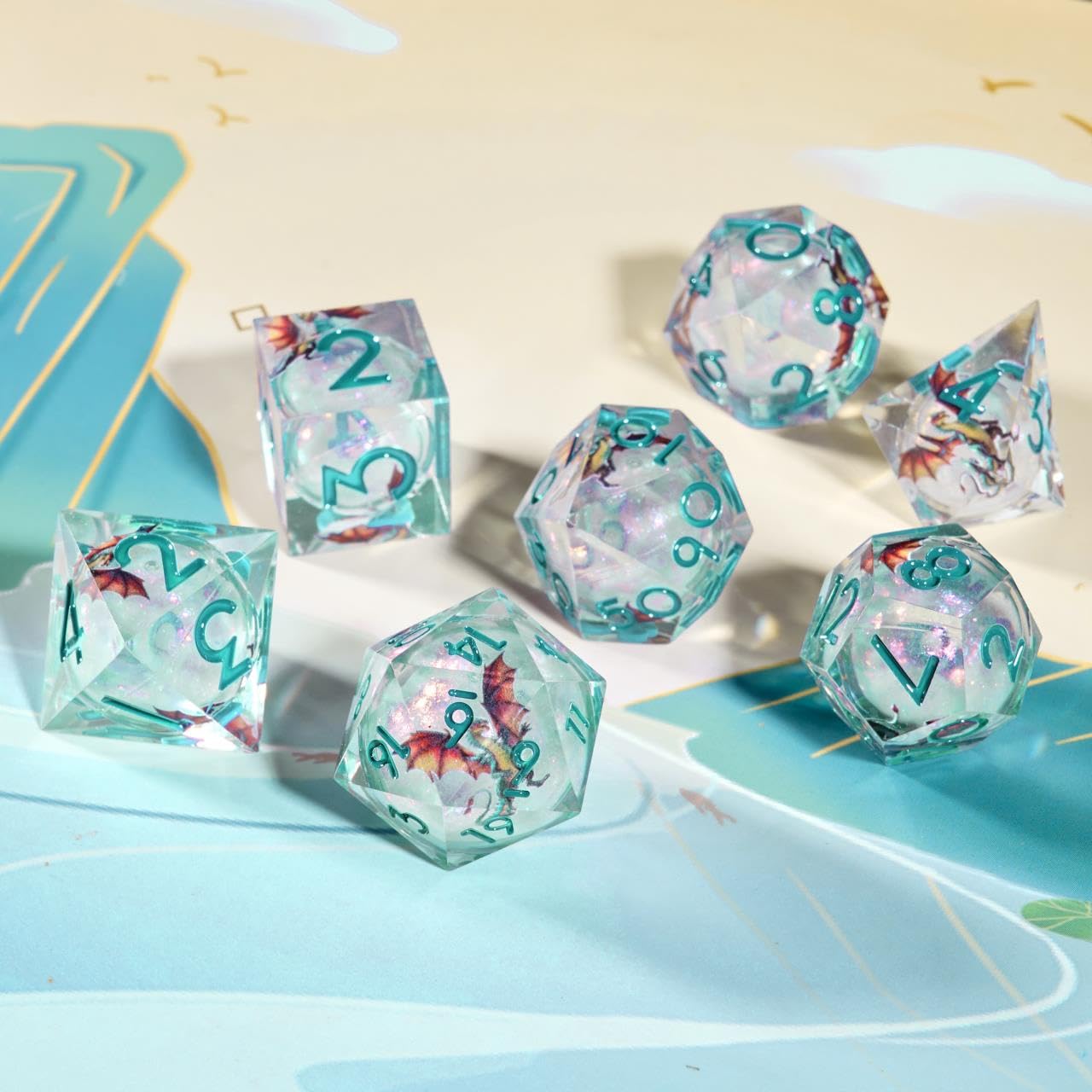 YZDHERO Dragon Polyhedral Dice Set, 7-Piece Clear Resin with Liquid Core, Sharp Edge Fantasy Dice with Teal Numbers, Dragon Artwork for D&D RPG Games