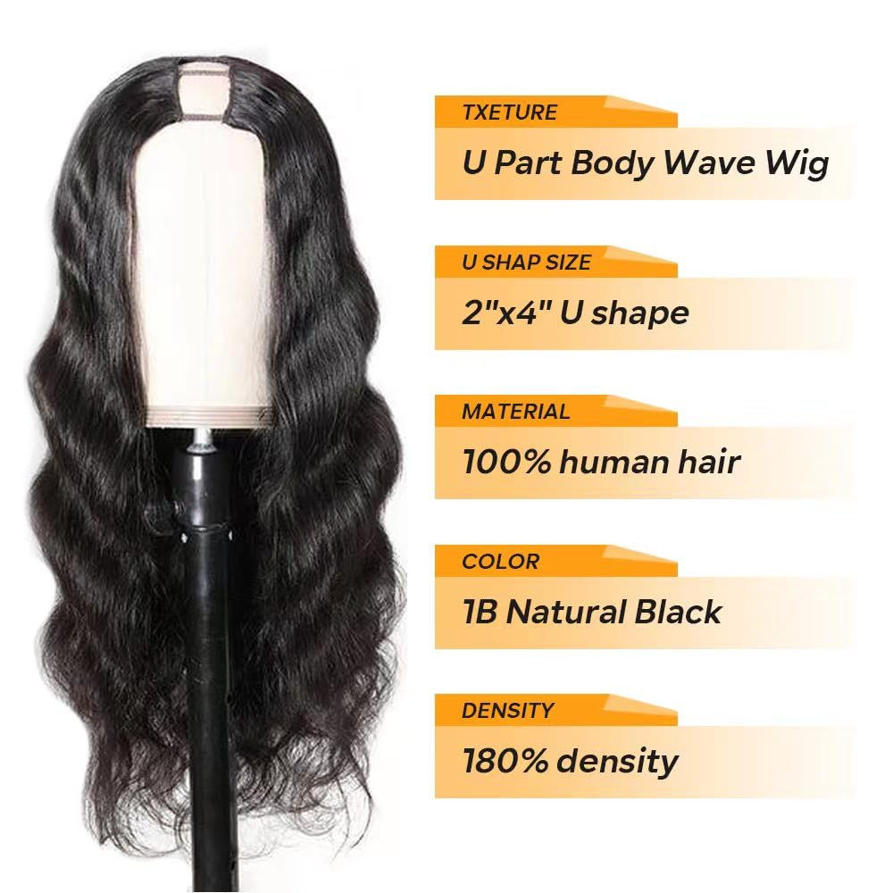 Tahikie U Part Human Hair Wig Body Wave 180% Density U Part Wig Brazilian Virgin Human Hair Wig for Black Women 10A Full Head Clip in Half Wig Glueless No Leave Out Lace Front Wig Natural Color 18inch