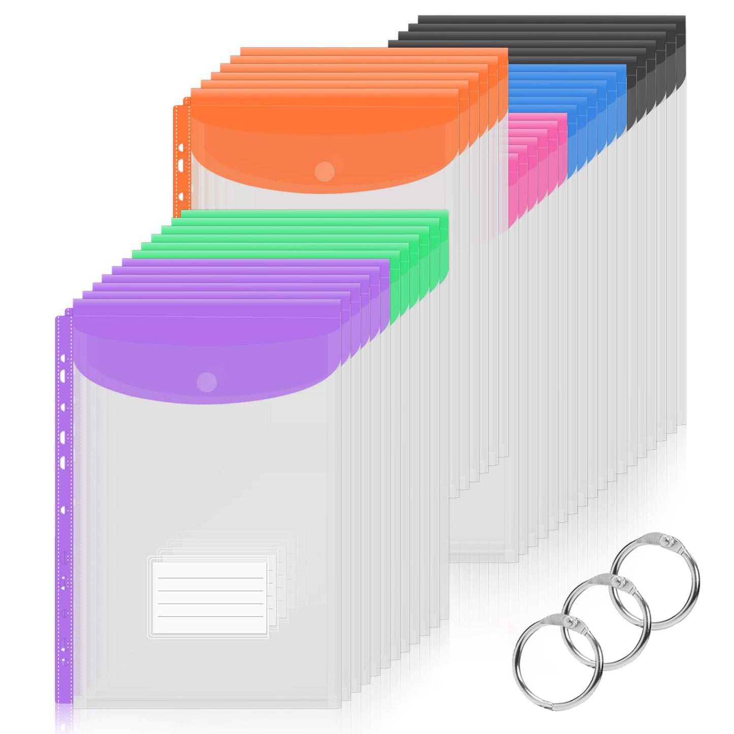 36 Pack Binder Folders with Pockets 11 Holes Expandable Dividers for 2/3/4 Ring Document Pouch with Velcro Button & Label Loose-Leaf Transparent Binder Organizer for School Home Office