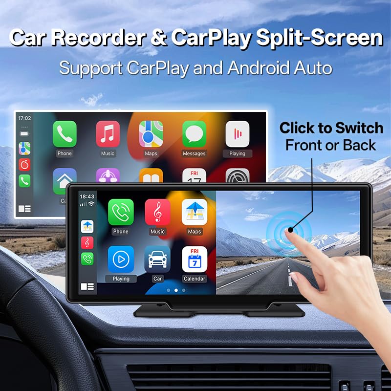 SINOVCLE Carplay Screen for Car,10.26" IPS Screen With 4K Dash Cam, Wireless CarPlay & Android Auto, Voice Control, Bluetooth, Mirror Link, GPS Navigation