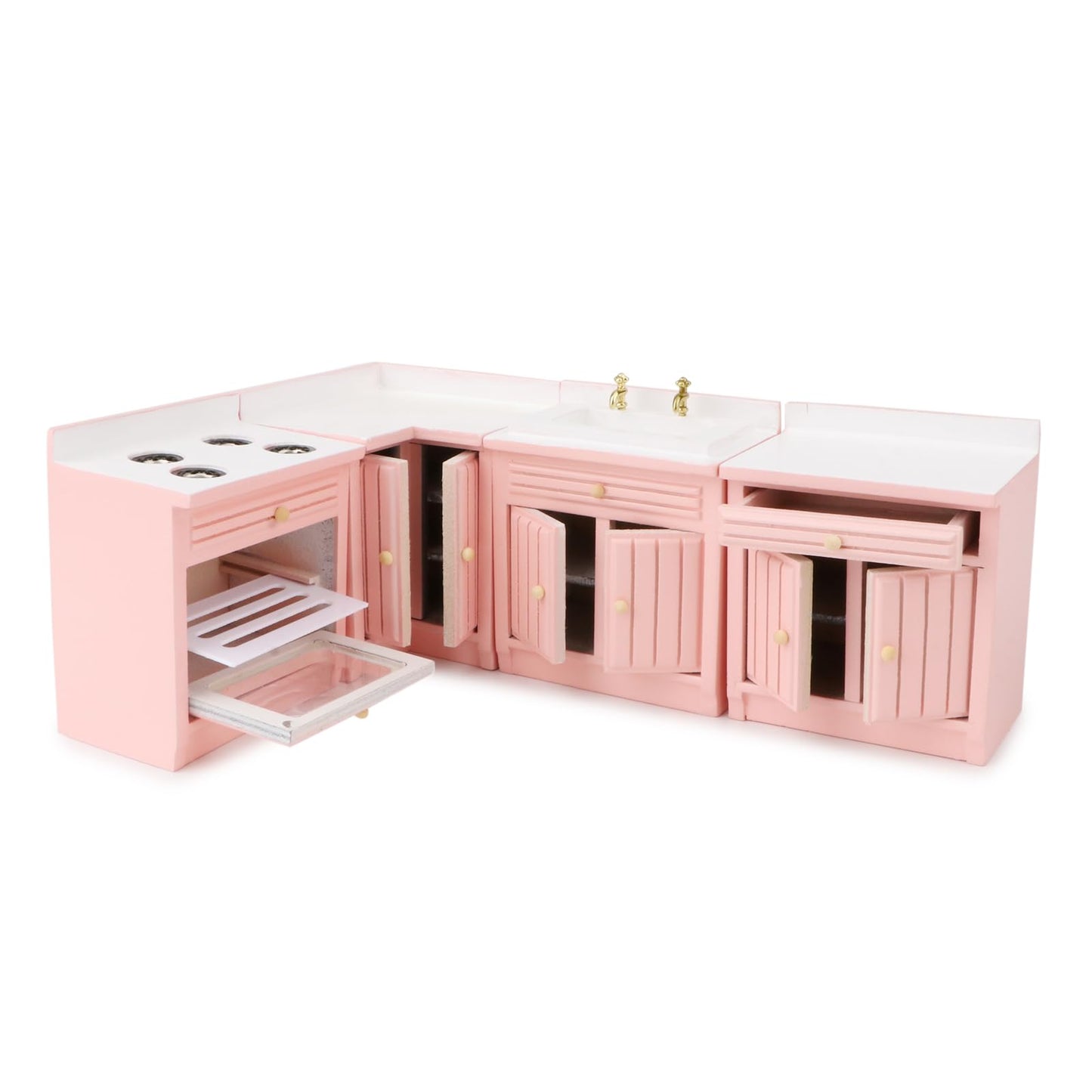 Miniature Furniture Dollhouse Kitchen Cabinets Set 1:12 Scale Wooden Model Freely Combined 4PCS Mini House Accessories Furnishings Kit Decoration Gift (Pink)