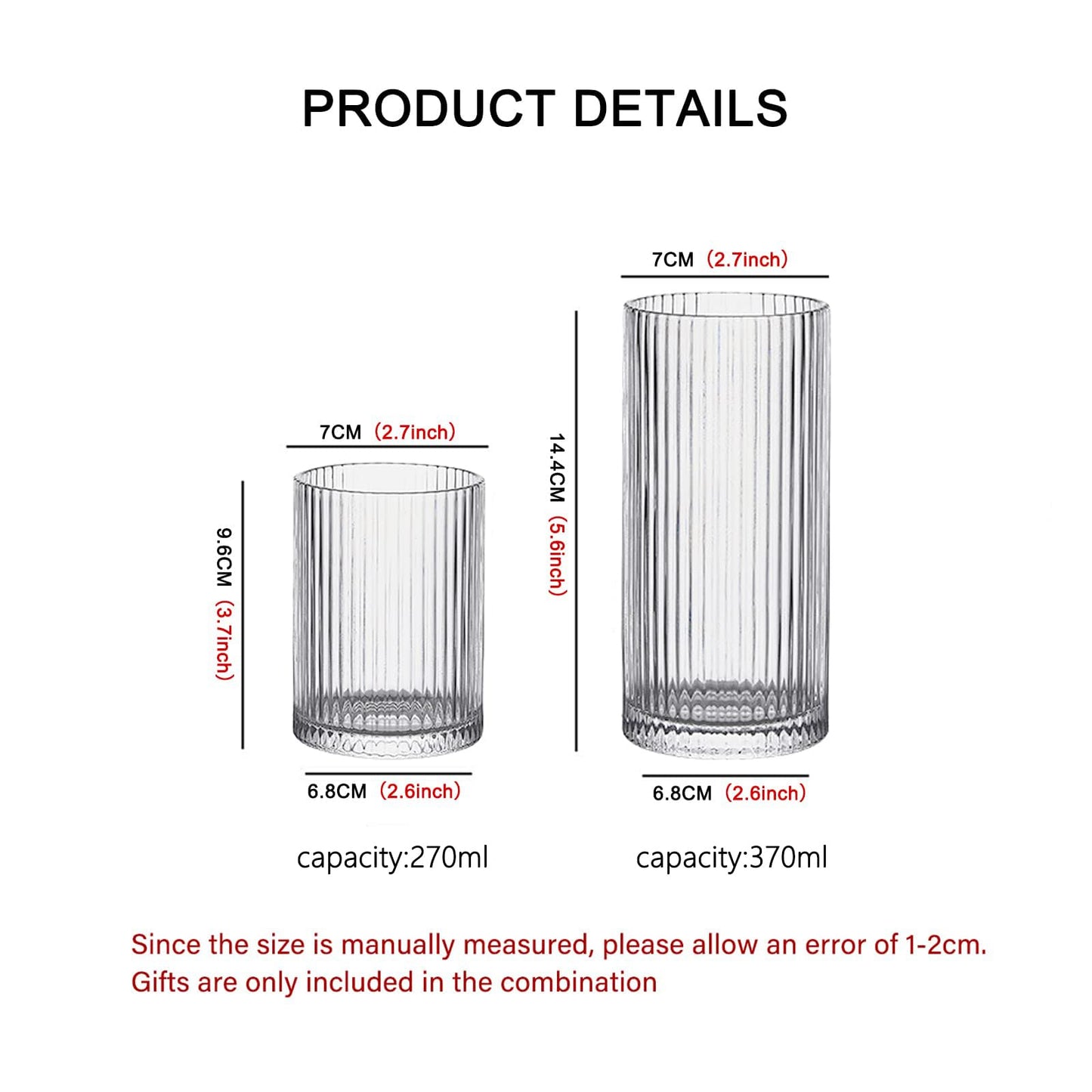 INSETLAN Glass Cups Vintage Glassware Set of 4 Large, Origami Style Transparent Cocktail Glasses Set, Bar Beverages Ice Coffee Cup Juice Ripple Drinkware, 370ml (L)