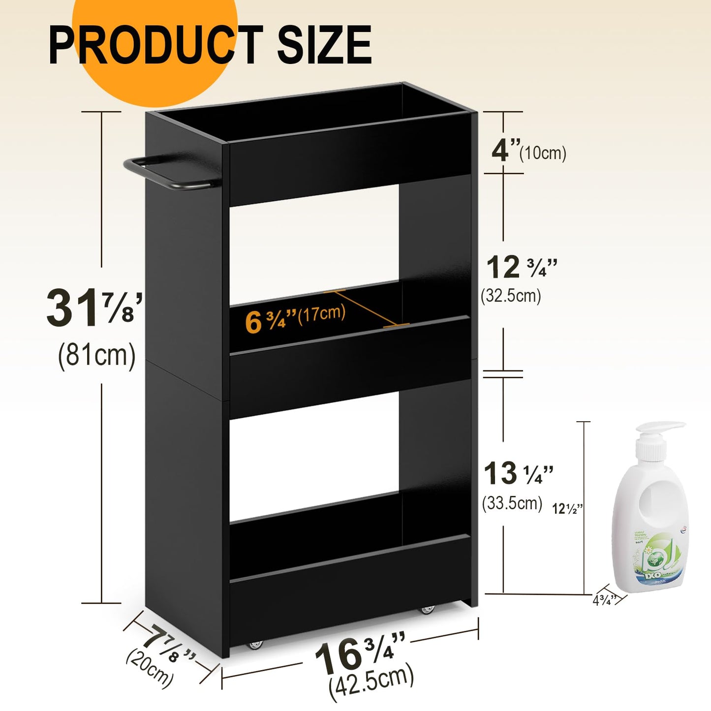 MARTY Wood Rolling Storage Cart 7.9" W, 3 Tier Slim Utility Kitchen Cart on Wheels Laundry Room Bathroom Organizers Narrow Shelves with Handle Mobile Shelving Unit for Small Places, Black