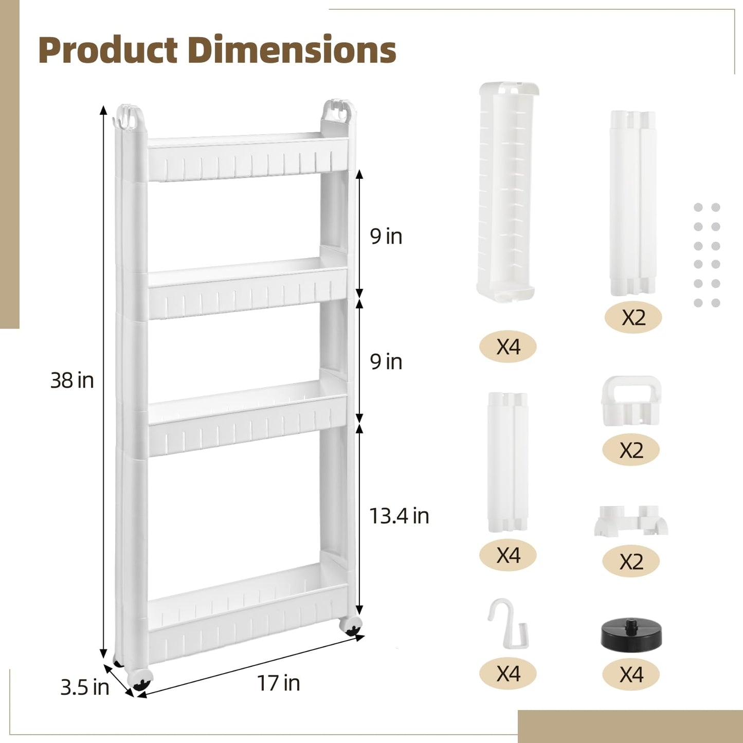 4 Tiers Slim Rolling Storage Cart, 3.5 in Slim Slide Out Bathroom Organizer Cart, Tiered Storage Rack with Wheels, Narrow Mobile Utility Cart for Laundry Room, Kitchen, Office, Sturdy Room
