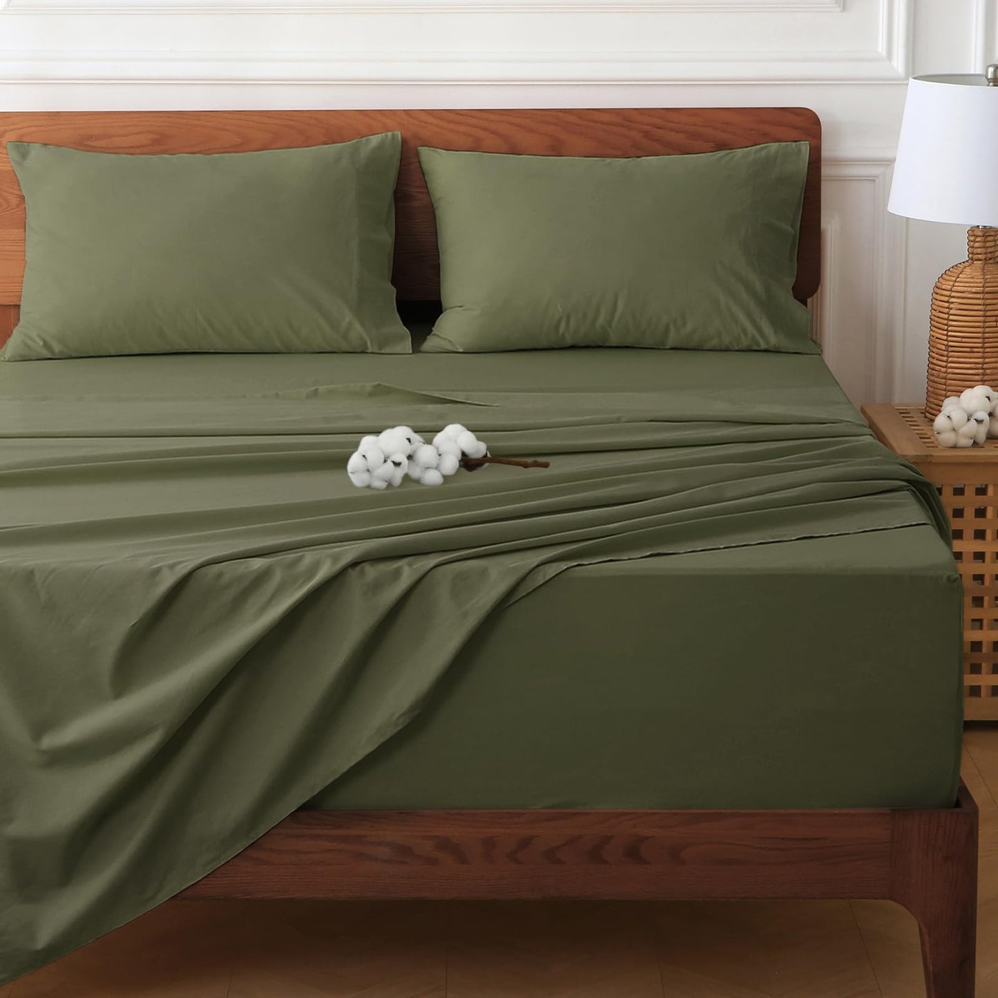HYPREST Deep Pocket Queen Sheet Sets Fits 18"-24" in Deep Mattress -100% Cotton Queen Sheet Set,Green Hotel Crisp Soft Cooling Sheet Sets for Queen Bed