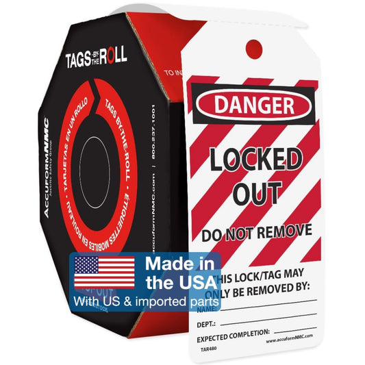 AccuformNMC 250 Lockout Tags by-The-Roll, Bilingual Danger Locked Out Do Not Remove, US Made OSHA Compliant Tags, Waterproof PF-Cardstock, Resists Tears, 6.25"x3", TAR480