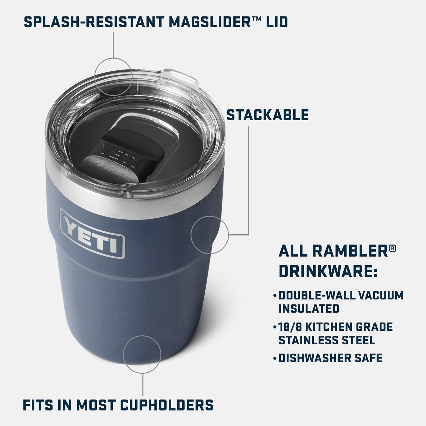 YETI Rambler 16 oz Stackable Tumbler, Vacuum Insulated, Stainless Steel with MagSlider Lid, White/Badge