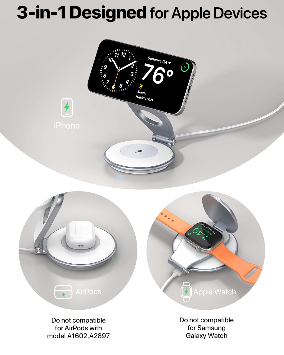 EXW Wireless Charging Station for Magsfe Charger,3 in 1 Wireless Charger for Magsafe Charging Station,Foldable Charger for iPhone 16/15/14/13/12 Series for Apple Watch & AirPod(30W Charger Included)