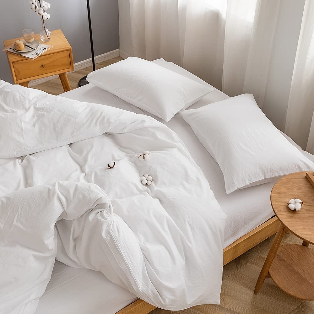 FACE TWO FACE Bedding Duvet Cover Set 3 Pieces 100% Washed Cotton Duvet Cover Linen Like Textured Breathable Durable Soft Comfy (Queen, White)