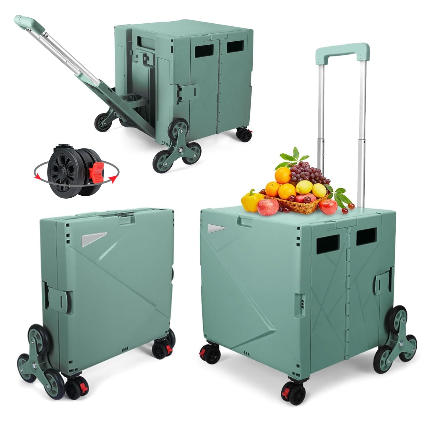 FELICON Folding Climber Utility Cart Rolling Crate Tote on Rotate Wheels with Adjustable Handle Hidden Lid Cup Holder Storage Toolbox for Teacher Office Move Shop Travel Laundry Grocery(Dark Green)
