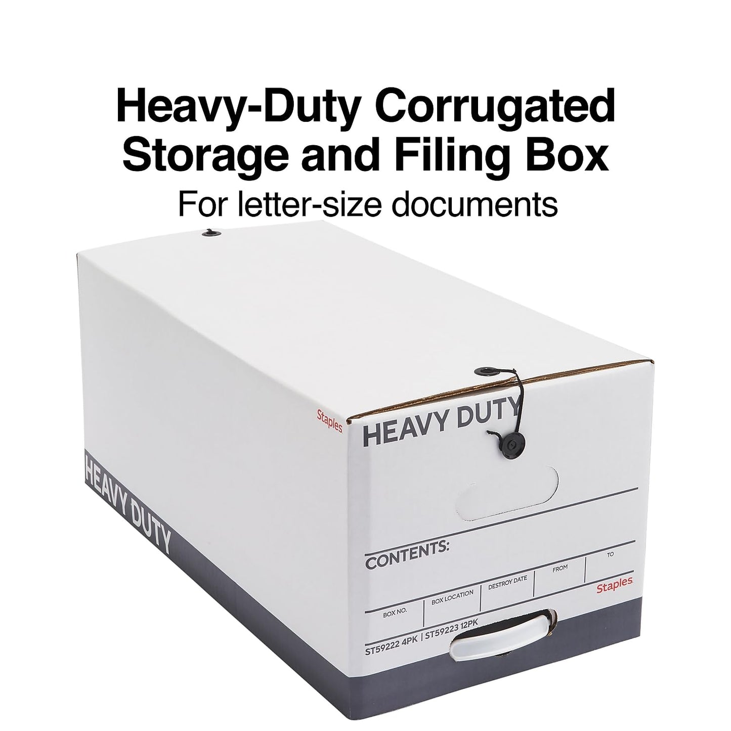 STAPLES Storage & Filing Box, Heavy-Duty with Handles & String-Button Lid, Letter Size Documents, Stackable, 4-Pack, White/Gray