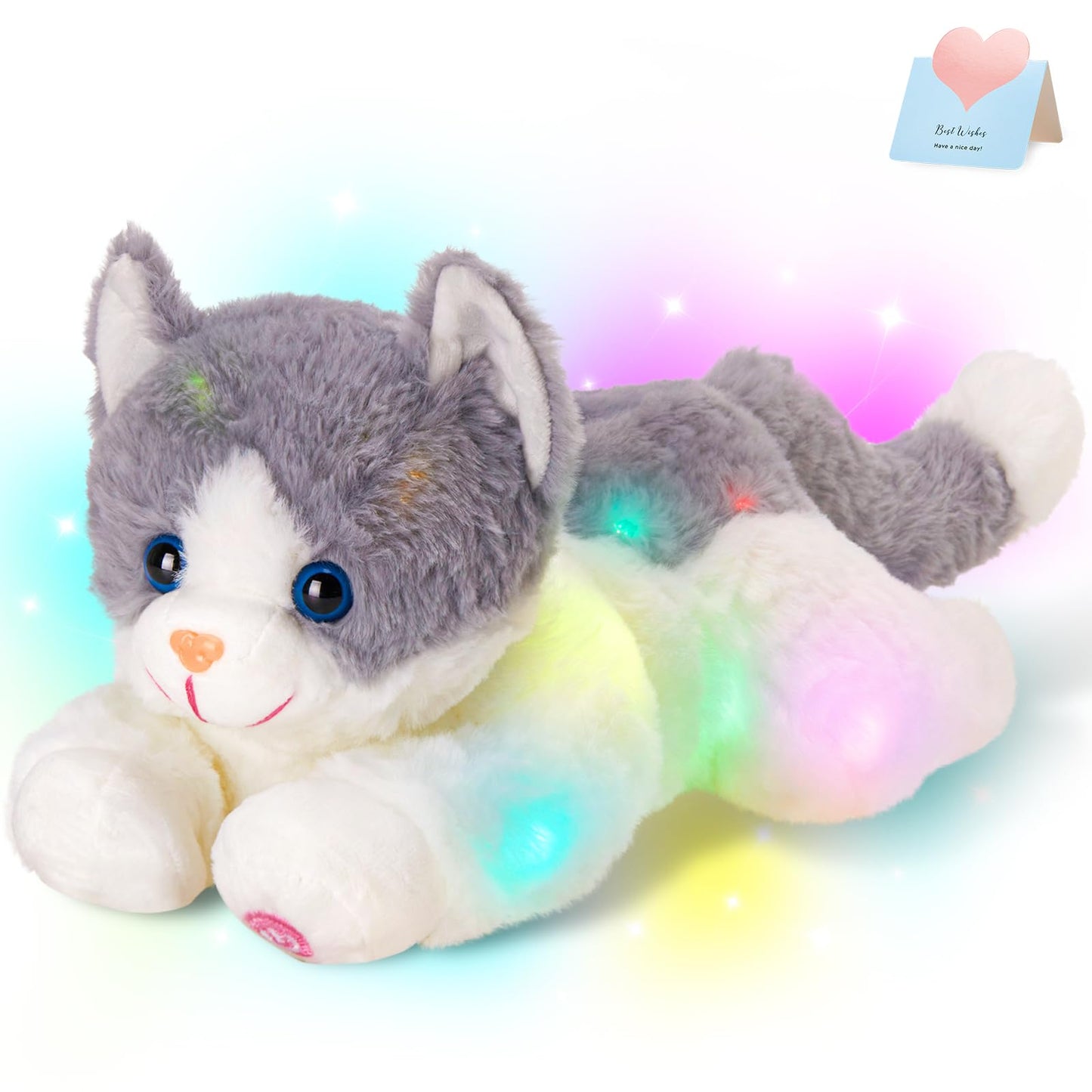 Houwsbaby Light up Kitty Stuffed Animal Cat Floppy LED Plush Toy Kitten Night Lights Glow Pillow Birthday Gifts for Kids Toddler Girls (Style 1)