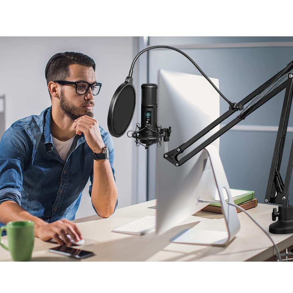 Luling Arts Boom Arm Suspension Mic Heavy Duty Microphone Arm for Blue Yeti, Hyperx Quadcast, Adjustable Boom Mic Stand Desk with Pop Filter, 1/4“-3/8“-5/8“ Adapter, Mic Mounts,Broadcast