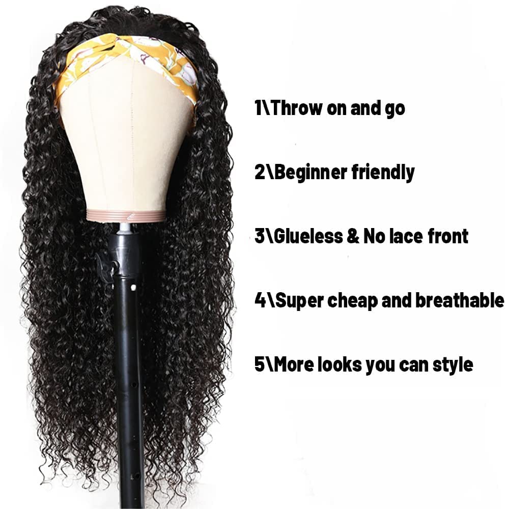 NICMISS Deep Wave Headband Wig Human Hair Curly Headband Wigs for Black Women Human Hair 20 Inch Glueless None Lace Front Wig Brazilian Virgin Hair Wear and Go Wigs 150% Density Natural Black Color