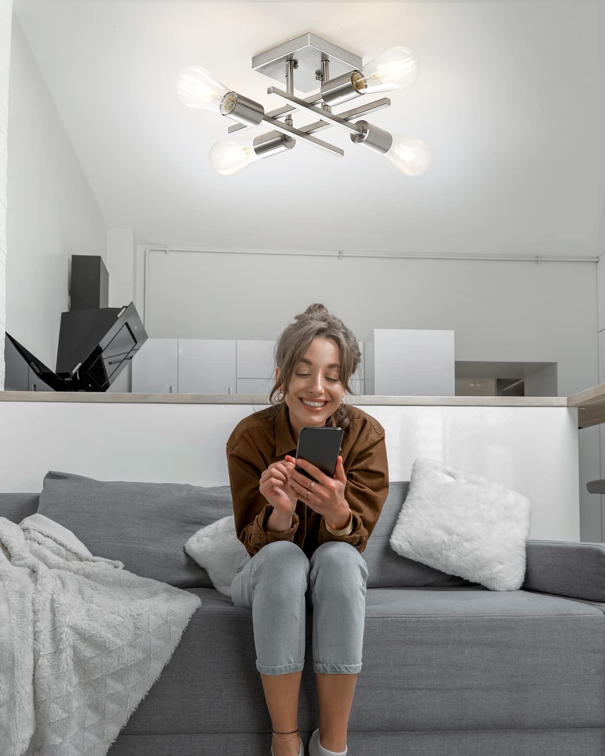 Eietonte Industrial 4-Light Semi Flush Mount Ceiling Light Fixture, Modern Brushed Nickel Chandelier Lighting, Farmhouse E26 Base Sputnik Ceiling Lamp for Kitchen Bedroom Living Room Entryway, 2 Pack