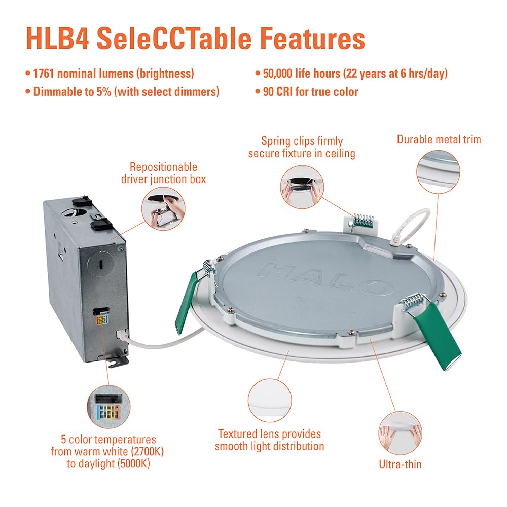 HALO HLB Recessed Lighting 8 Inch LED Ceiling Light, Thin Canless, Dimmable w/Selectable Color Temperatures