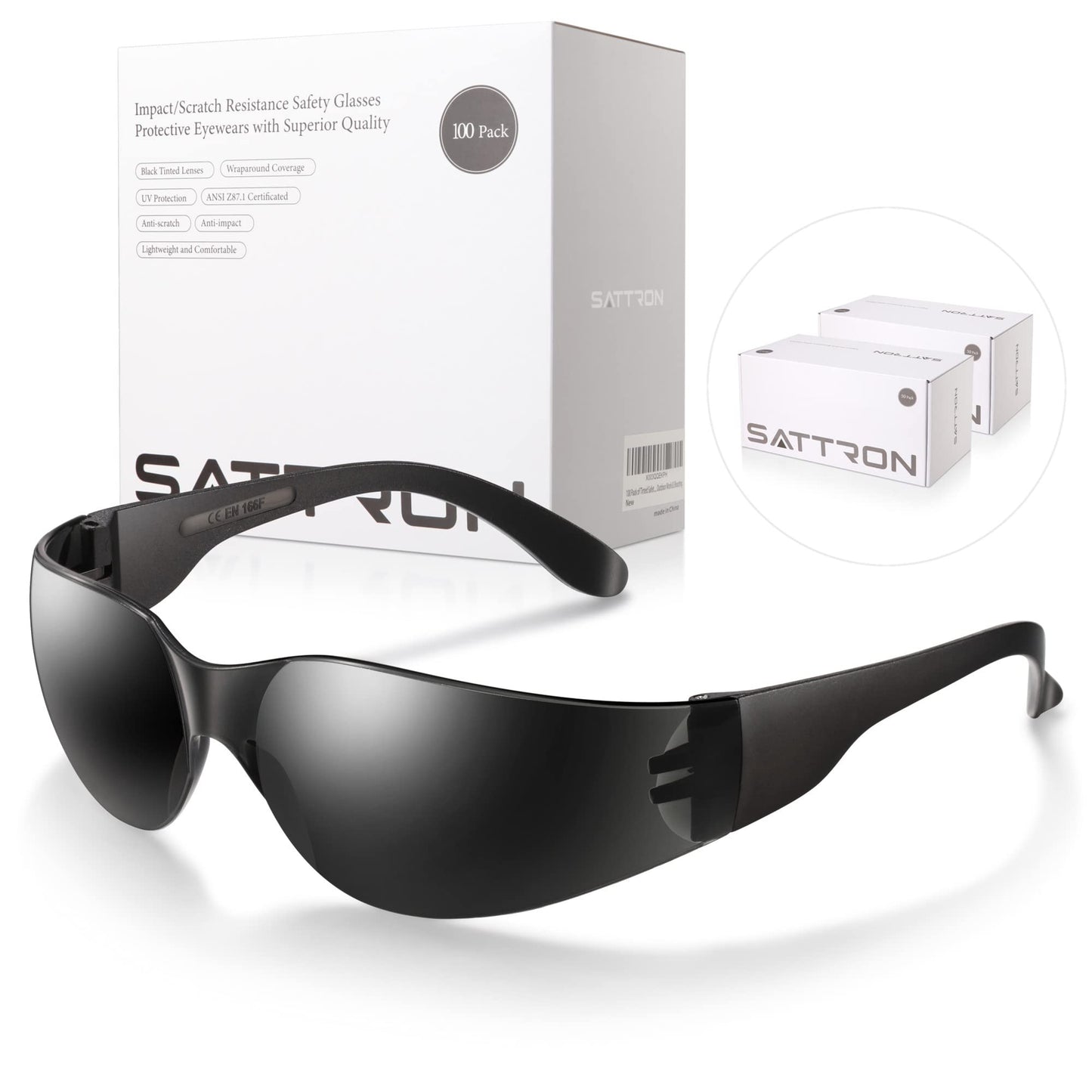 100 Pack of Tinted Safety Glasses, Scratch & Impact Resistant Protective Eyewear, Ploycarbonate Dark Smoke Lenses for UV Protection, Safety Sunglasses for Construction, Outdoor Work & Shooting