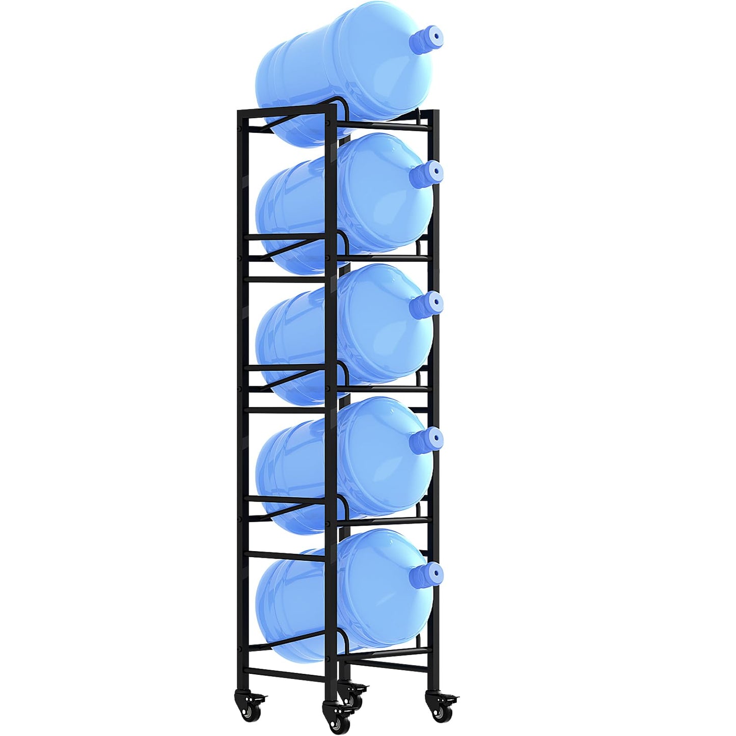 Vorshape 5 Gallon Water Jug Holder, Movable 5 Tier Heavy Duty Water Rack with 4 Wheels, Rack for Water Jug Storage, Space Saving Water Stand for Five 5 Gallon Water Jugs, Black