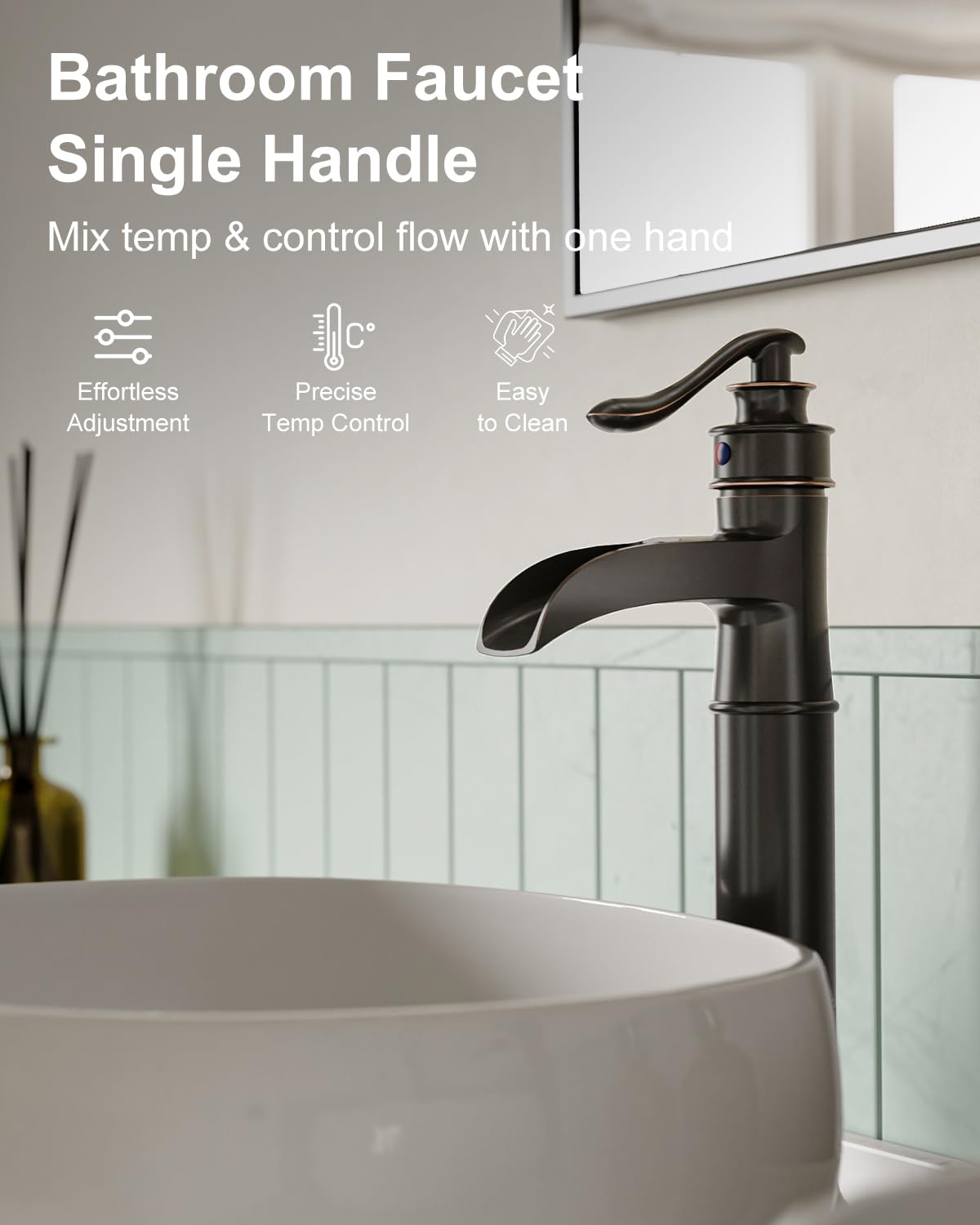 BWE Waterfall Spout Oil Rubbed Bronze Bathroom Faucet Single Handle One Hole Vessel Sink Faucet ORB Lavatory Faucets Deck Mount Tall Body Commercial