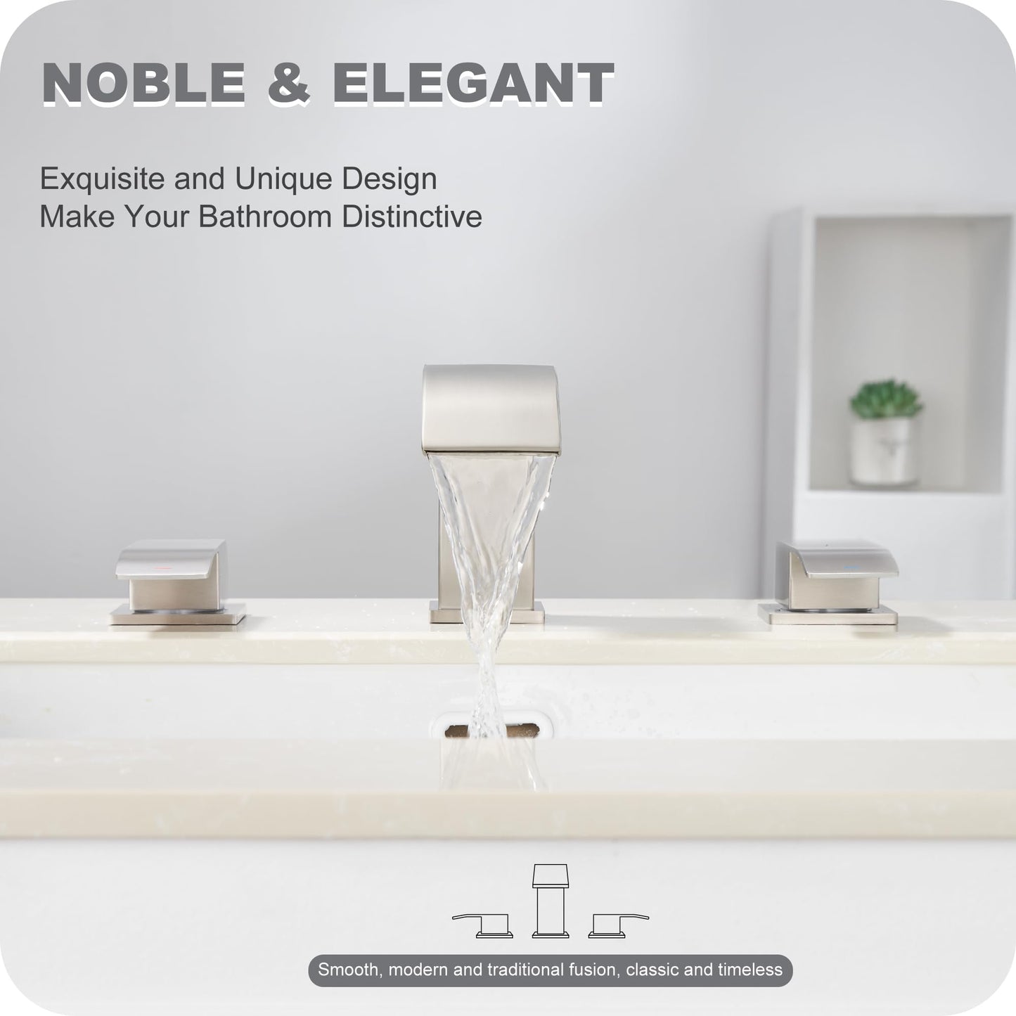 GAGALIFE 8 Inch Waterfall Bathroom Faucets 3 Hole - Brushed Nickel Widespread Bathroom Faucet with Pop-up Drain, Two Handles Bathroom Sink Faucet, Modern Vanity Sink faucets with Supply Lines