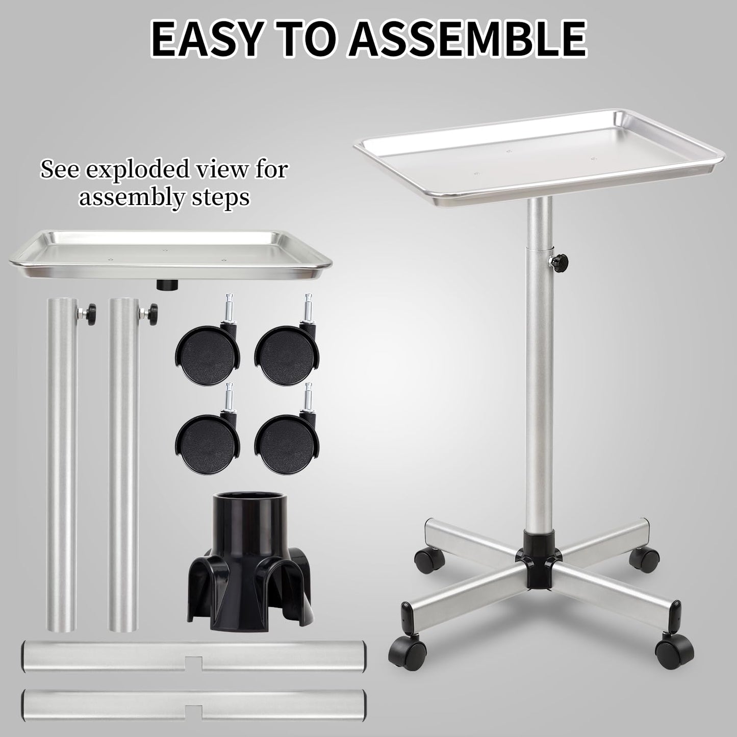 Salon Señor Salon Tray Cart,Aluminum Instrument Tattoo Trolley Tray with Wheels Adjustable Height,Height Adjustble Hair Color Storage Tray Cart