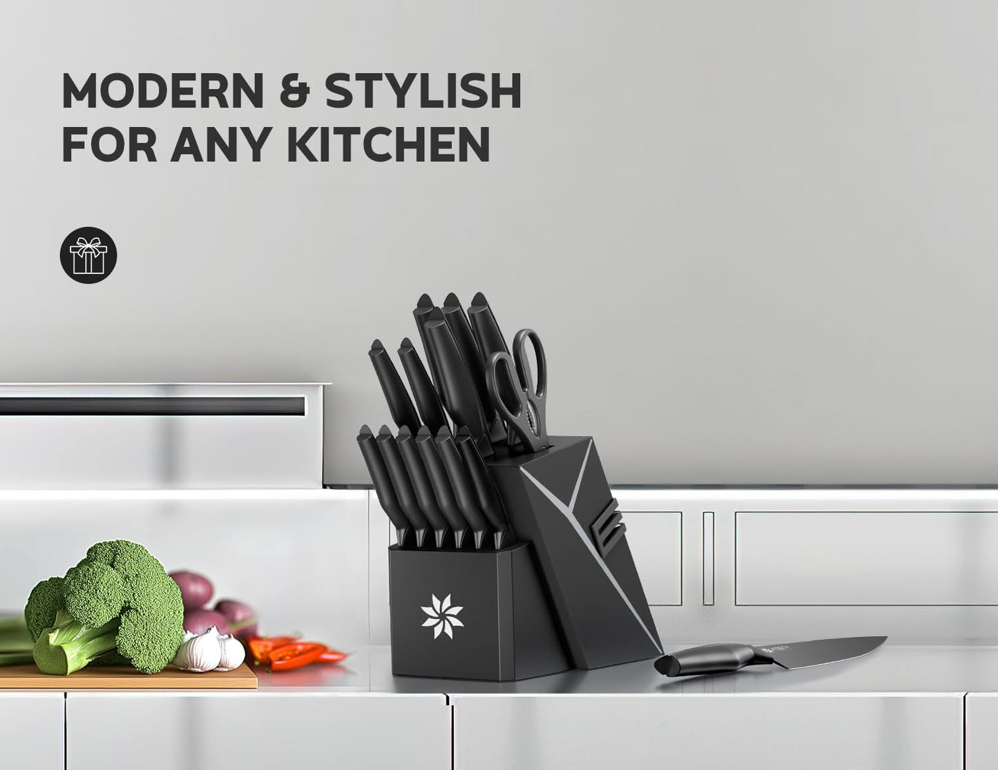 Kitchen Knife Sets with Block -15 PCS Knife Set with Bulti-in Sharpener, Dishwasher Safe, Stainless Steel Kitchen Knife with Ergonomic Handles, Sharp knives for Men and Women,Fathers day, Black