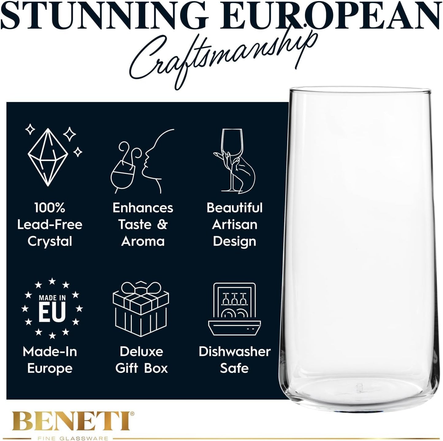 BENETI Modern Tall Drinking Glasses Set of 6 | Handmade In Europe | 18oz Premium Highball Crystal Glass Cups for Water and Juice