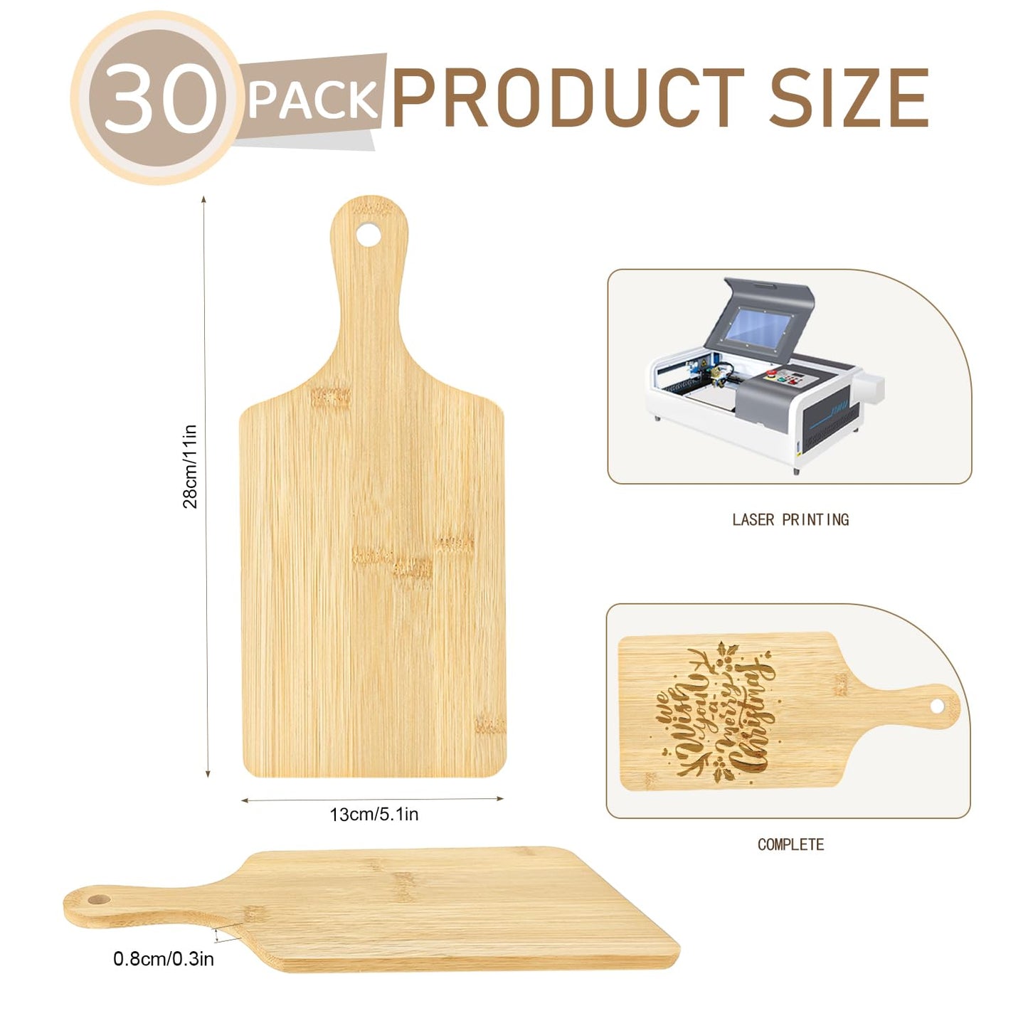 30 Pcs Cutting Boards with Handle 11" x 5" Wood Chopping Board Bulk Charcuterie Wooden Boards Laser Engraving Serving Tray Bulk for DIY Christmas Wedding Housewarming Gift Cooking Decor (Bamboo)