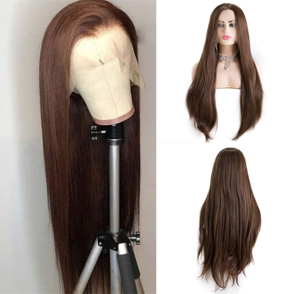Kalisa Angle Lucky Brown Lace Front Wig for Women Synthetic Brown Long Straight Middle Part Wig Heat Resistant Fiber Glueless Makeup Cosplay Soft Wigs 26 Inch