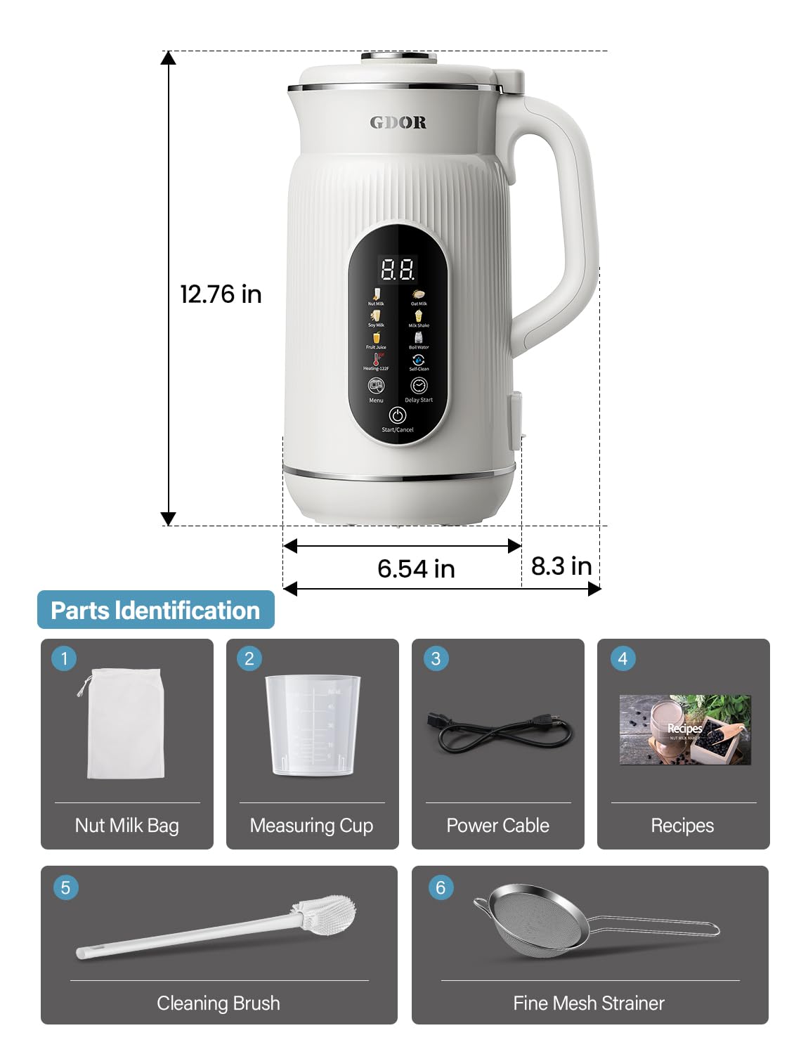GDOR 42oz Smart Nut Milk Maker, 9-in-1 Plant Milk Machine for Almond, Oat, Soy, Juice & Smoothie, Large Touch Display Blender with Keep Warm, Boil Water, 12H Delay and Self-Cleaning