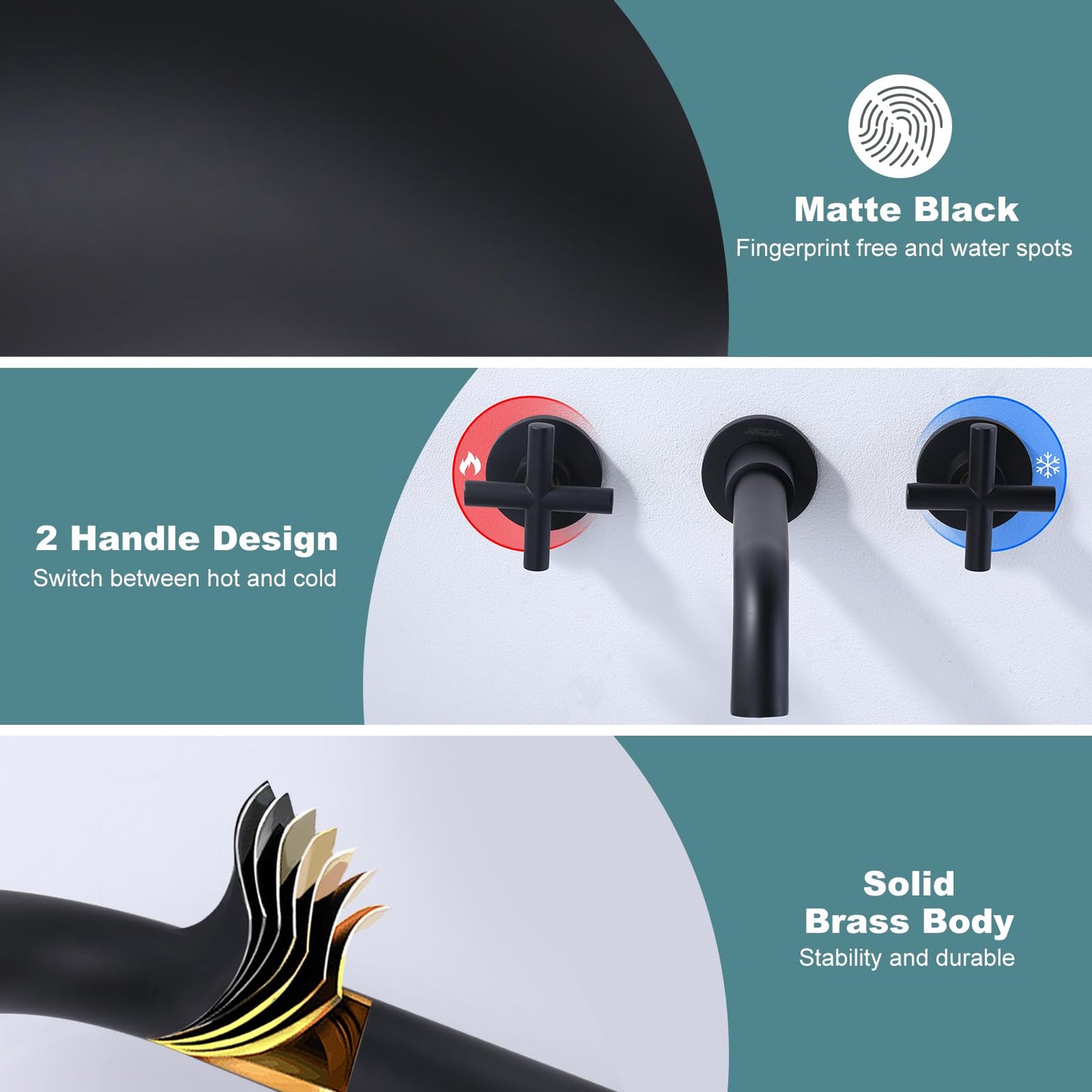 Matte Black Bathroom Faucet, ARCORA 2 Handle Wall Mount Bathroom Faucet and Rough-in Valve Included, Vessel Sink Faucet Wall Mounted