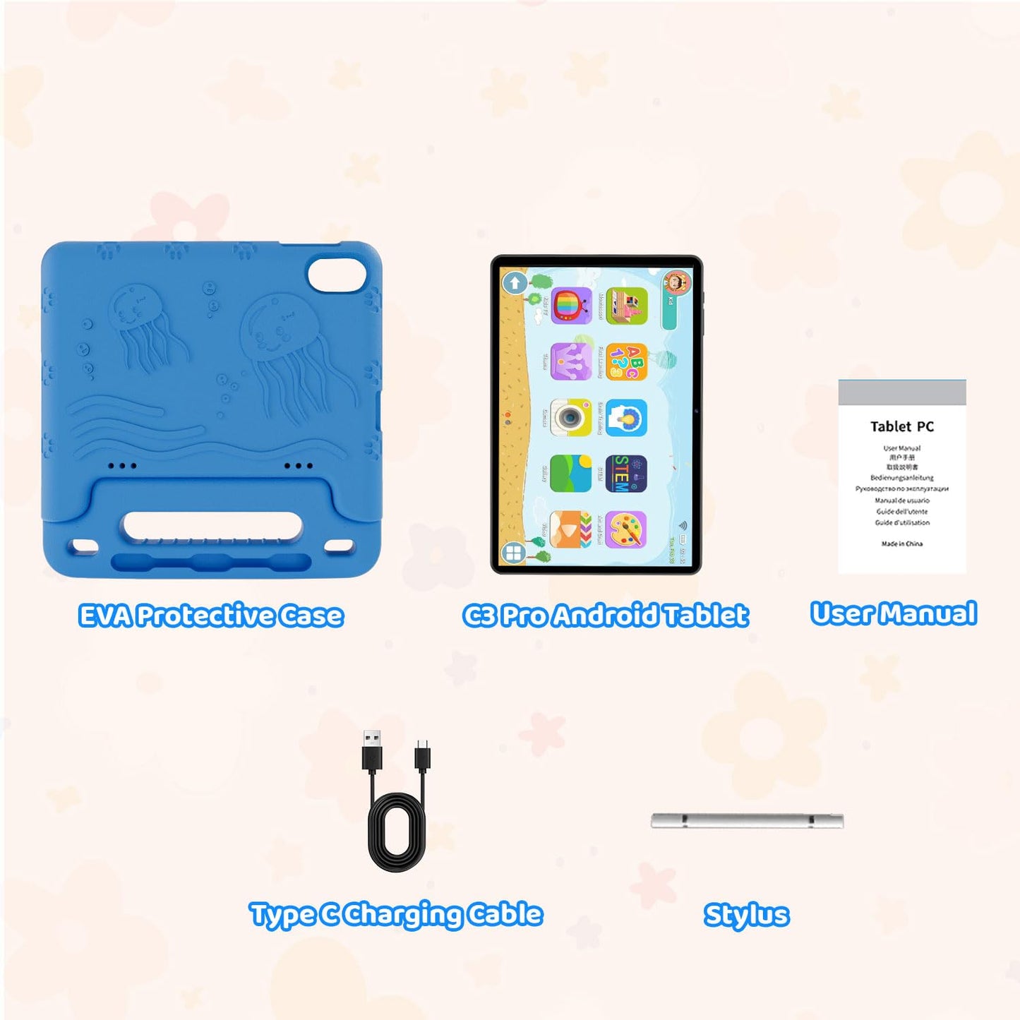 WXUNJA Kids Tablet, Android 14 Tablet for Kids 10.1 inch, 2024 Toddler Tablet Octa-Core 64GB 1TB Expandable,Children's Tablet with Case, Support Parental Control/Dual Camera/Dual Band WiFi - Blue