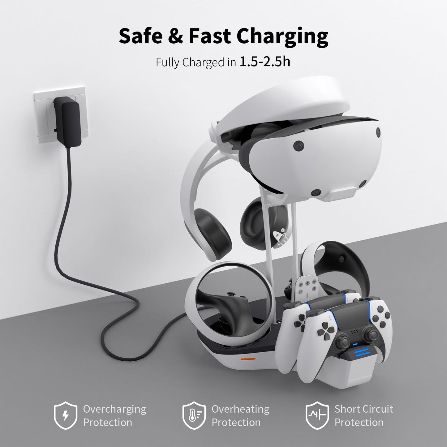 4-in-1 Controller Charging Station for PSVR2 and PS5, Dual Charging Dock with VR Headset Display Holder and Headphone Rack, LED-Charging Indicator, AC Power Adapter, RGB Lights, 3 Magnetic Connector