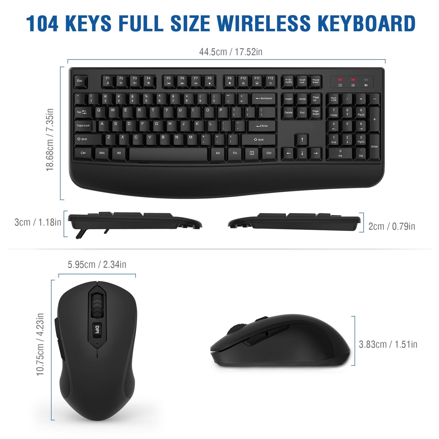 Wireless Keyboard and Mouse Combo, EDJO 2.4G Full-Sized Ergonomic Computer Keyboard with Wrist Rest and 3 Level DPI Adjustable Wireless Mouse for Windows, Mac OS Desktop/Laptop/PC (Black)