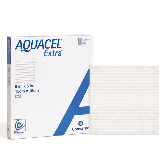 ConvaTec AQUACEL Extra 6"x6" Hydrofiber Absorbant Dressing for Moderate to Highly Exuding Wounds, Non-Woven Two-Dimensional Strengthening Fibers, Square, 5ct Box