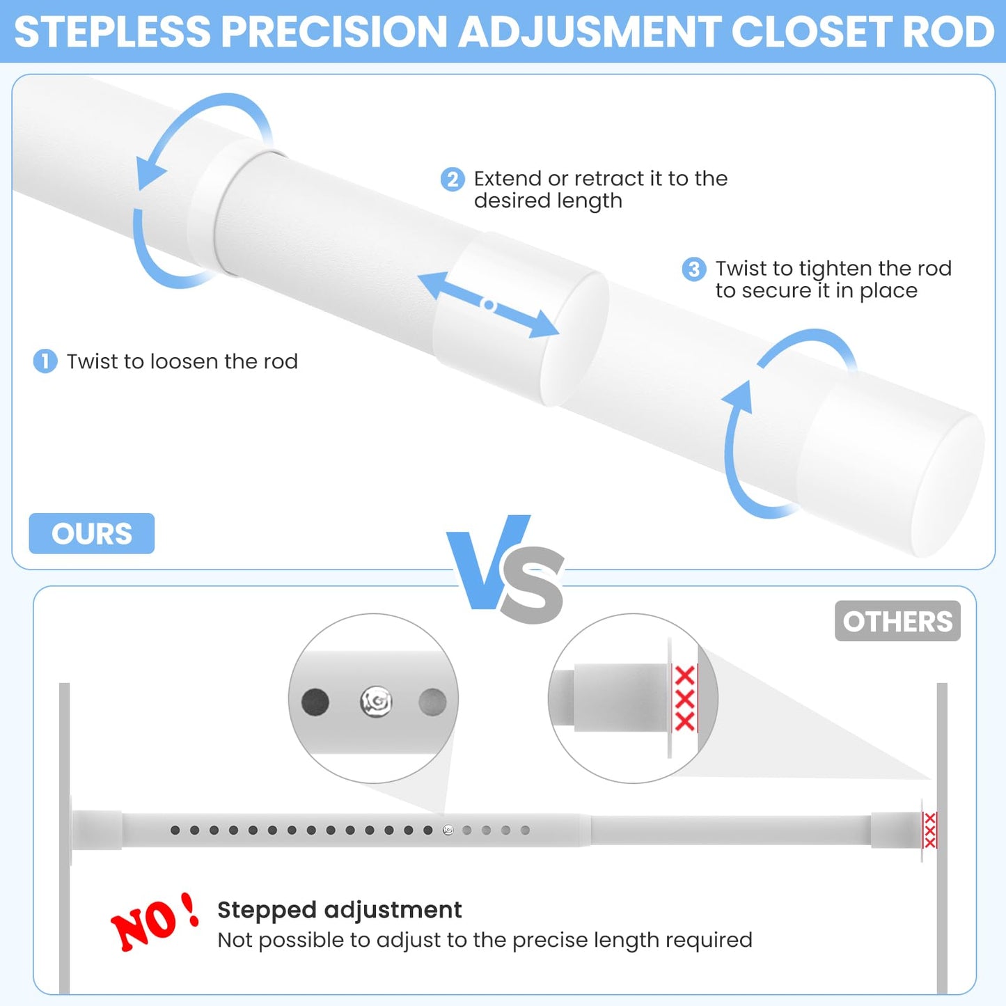 Ruiony 2 Pack Closet Rods for Hanging Clothes, 17 to 84 Inch Heavy Duty Stepless Adjustable Closet Hanging Rod, 1.3 Inch Diameter Metal Closet Rod for Wardrobes Laundry Bedroom RV, White