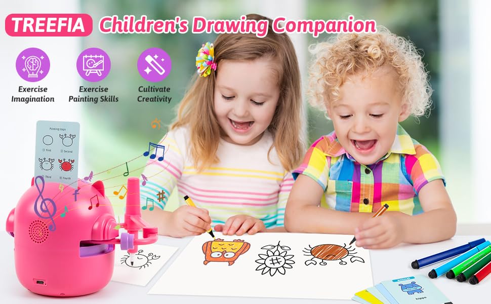 TREEFIA Drawing Robot for Kids, Interactive Educational Drawing Robot, Magic Painting Robot Toy with 100 Word Cards & 16 Color Pens for Girls and Boys Age 3+ (Pink)