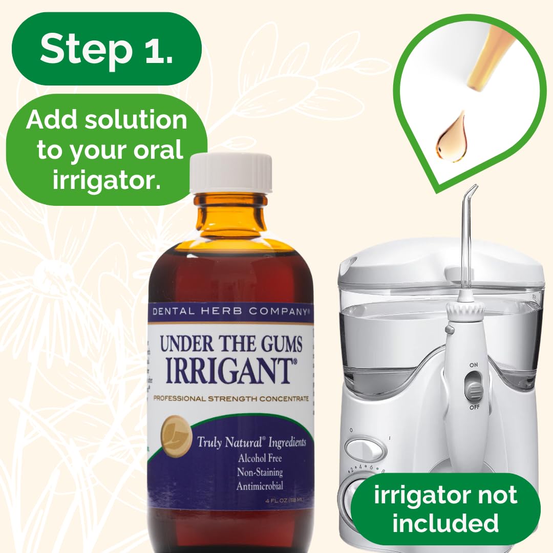 Dental Herb Company Under The Gums Irrigant: (2 Pack with Dropper) A Solution for Oral Irrigators and Water Flossers - Made with Pure Essential Oils and Herbs - Alcohol-Free, Vegan, Non-GMO